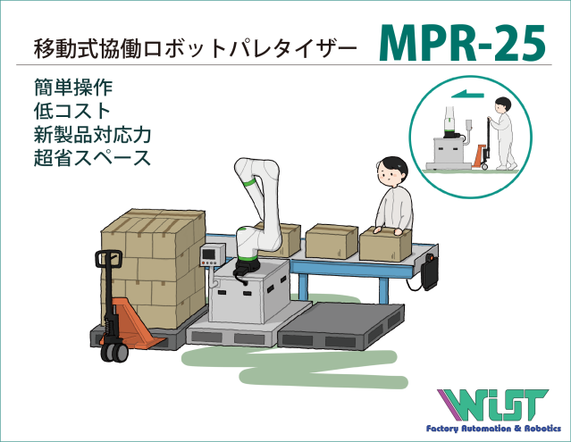 簡単ティーチングによりタッチパネルの操作で複数設定可能な移動式協働ロボットパレタイザー